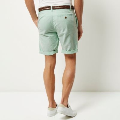 Green Oxford belted shorts